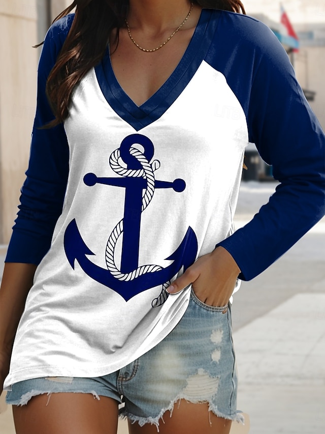  Mulheres Camiseta Gráfico Âncora Casual Estilo Praia Manga Longa Decote V Tops regulares Diário Final de semana Imprimir Azul Primavera Outono