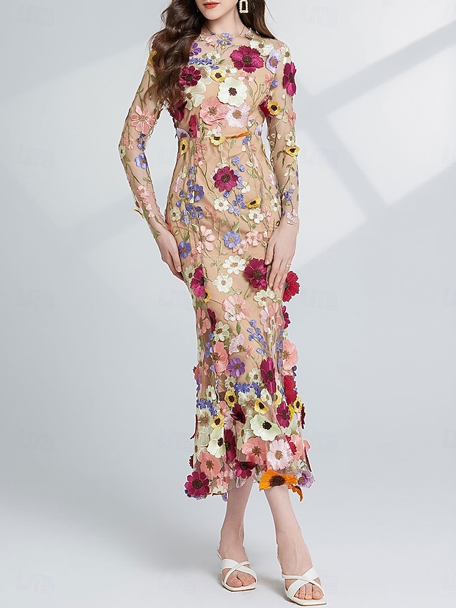  Meerjungfrau  Trompeten Partykleider Elegantes Kleid Hochzeit Hochzeitsgast Tee-Länge Langarm Rundhalsausschnitt Tüll mit floral gestickte Spitze
