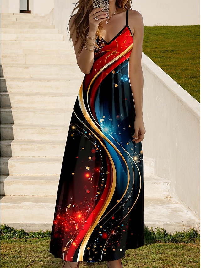  Women's Maxi Dress Sundress A Line Dress Slip Dress Vacation Casual Vacation Daily Beach Regular Fit Ombre Graphic Geometric Sleeveless V Neck Red Summer Spring