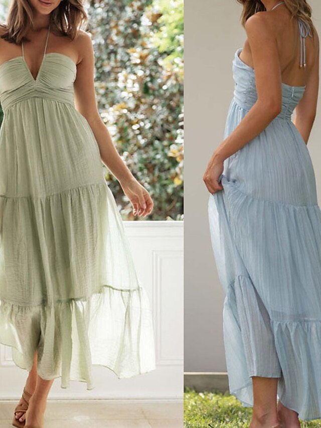  Femmes Robe Midi Robe de remise des diplômes Mode Extérieur Date Sortir Coupe régulière Uni Sans manches Bretelles spaghetti Bleu Vert Été