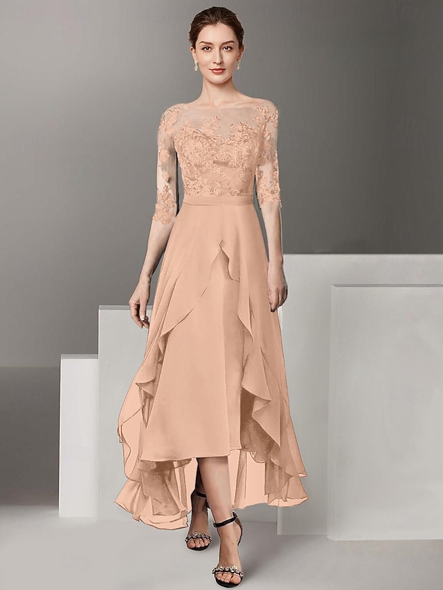  A-Lijn Moeder van de Bruid Jurk Formele Bruiloft Gast Elegante Hoog Laag Off Schouder Enkel Lengte Chiffon Kant Half Mouw met Plooien Applicaties gratis op maat