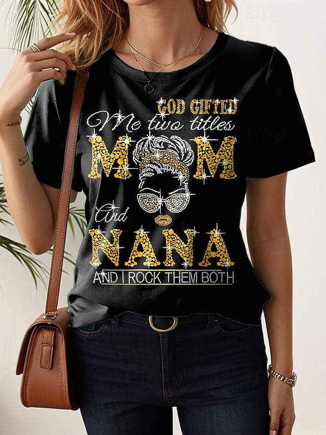  Anyák napja Női Póló Grafika Szöveg Alkalmi Rövid ujjú Kerek Normál felsők Napi Hétvége Nyomtatott Fekete Nyár Tavasz MOM