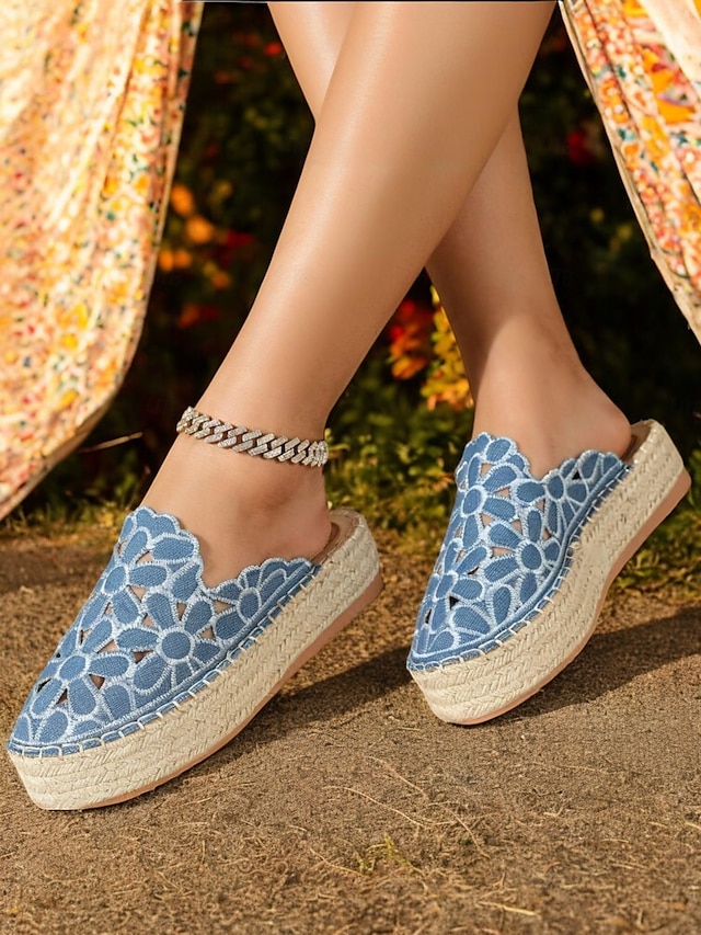  mules espadrillas in pizzo blu da donna – scarpe con plateau slip-on con ritagli floreali per l'estate, uscite casual e abbigliamento da spiaggia