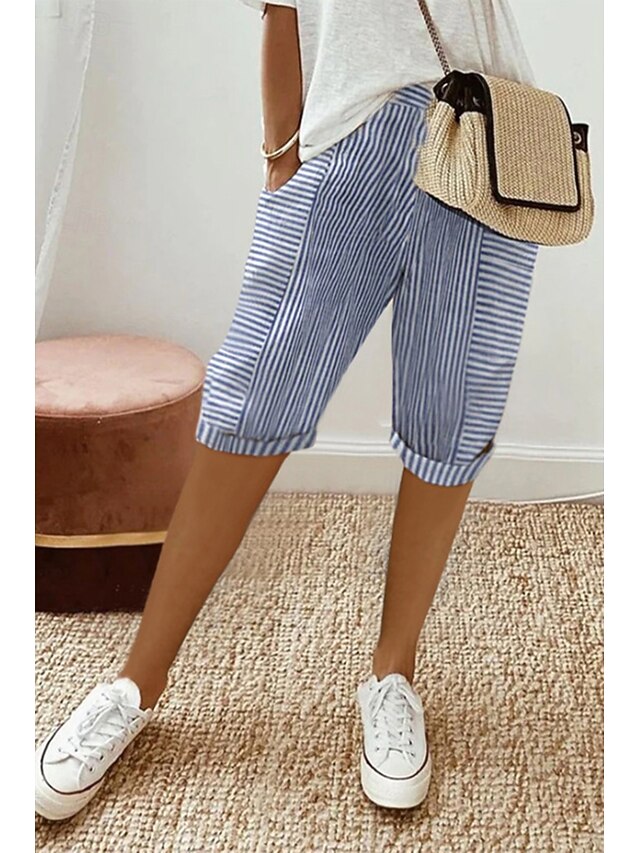 Women's Cotton Linen Pants Slacks Crop Casual Knee Length Natural Striped Pocket Elastic Waist Comfy Outdoor Comfortable Daily Wear Going out Light Sky Blue Black Pink Summer Regular Fit4