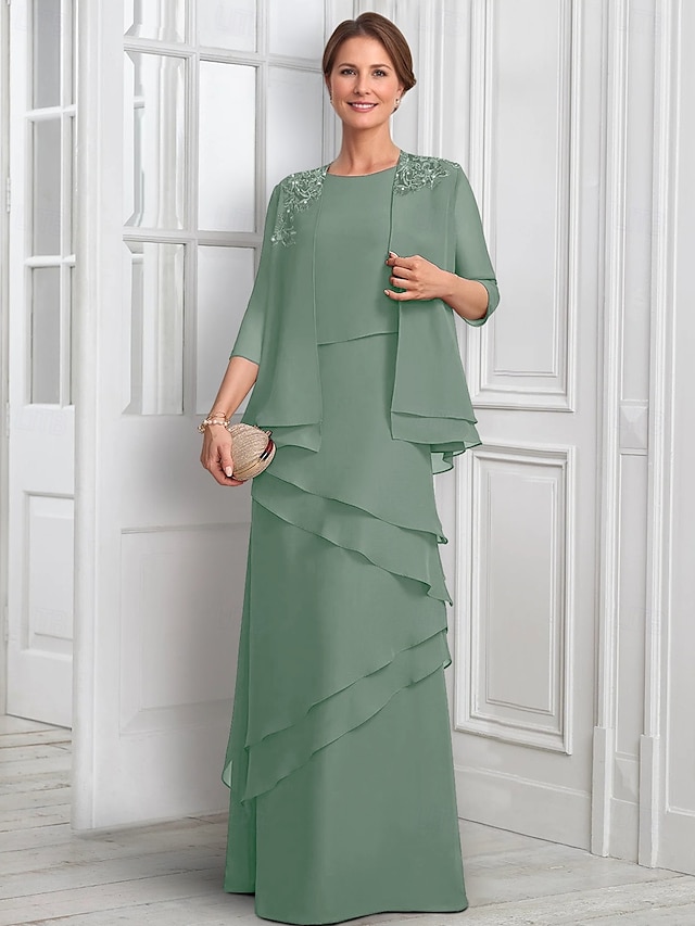  Vestido formal madre de la novia de dos piezas azul A-Line elegante con brillo y cuello joya largo hasta el suelo de gasa con mangas de medio largo botones y apliques de flores