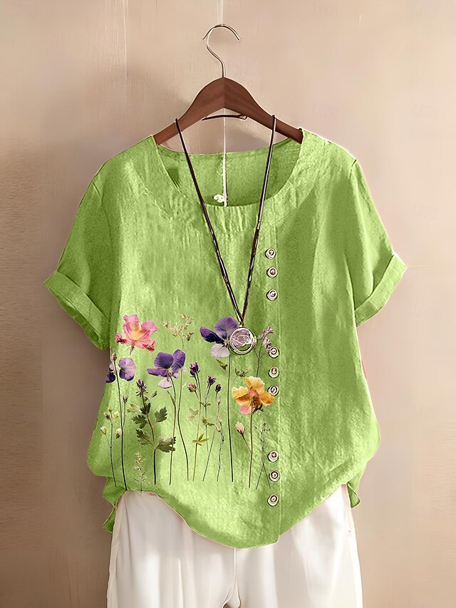 Women's 100% Cotton Blouse Floral Graphic Stylish Cotton Linen Casual Short Sleeve Crew Neck Regular Tops Daily Going out Buttons Print Green Summer Spring4