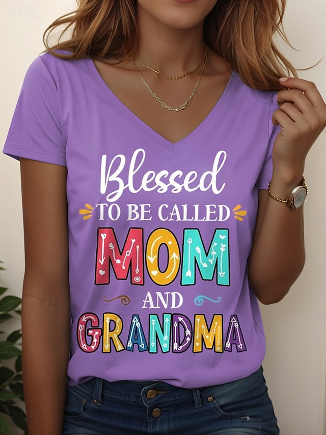  fête des Mères Femmes T-shirt Graphique Lettre Occasionnel Manche Courte Col en V Hauts Réguliers Quotidien Week-end Imprimé Noir Jaune Rose Claire Bleu Violet Été Printemps MOM