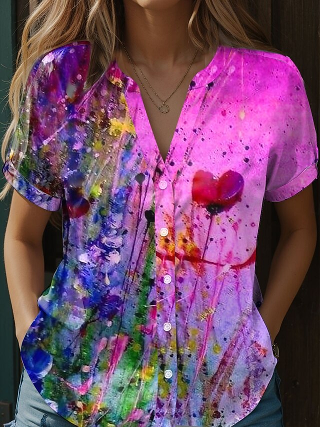Women's  Blouse Floral Shirt Graphic Stylish Beach Short Sleeve Shirt Collar Regular Tops Daily Buttons Print Purple Spring Fall3