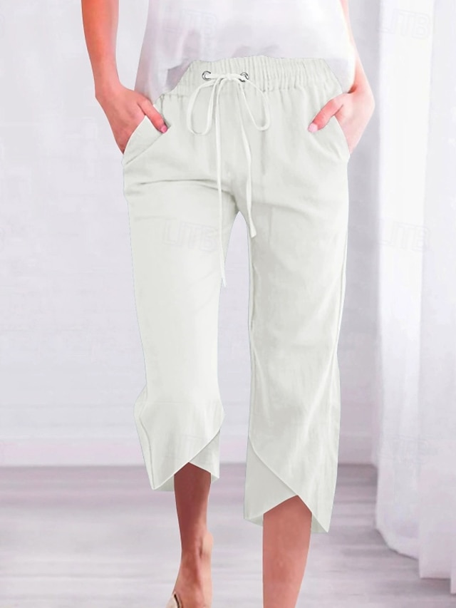  Mulheres Calças Capri Calças de linho de algodão Calças Roupa de rua Casual Comprimento da panturrilha Natural Tecido Bolsos Design de cordão elástico Respirabilidade Macio Micro-Elástica Casual