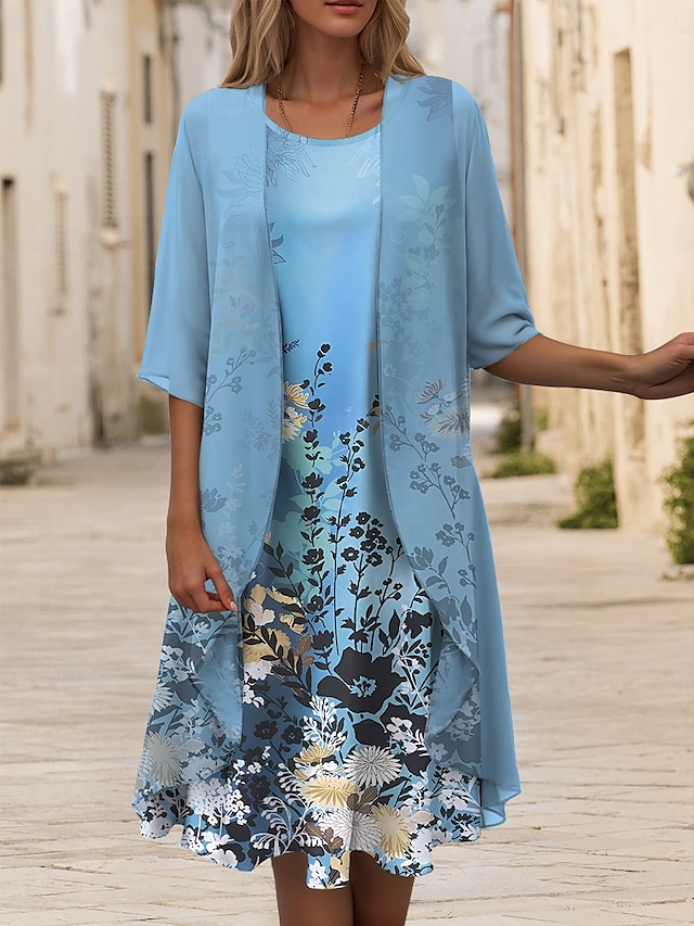  Abito di laurea Donna Abito Midi 2 Pezzi Completo Abito a A Abito estivo Vacanza Casual Stampa Floreale Grafica Maniche a metà Collo rotondo Quotidiano Blu Estate Primavera Fit morbido