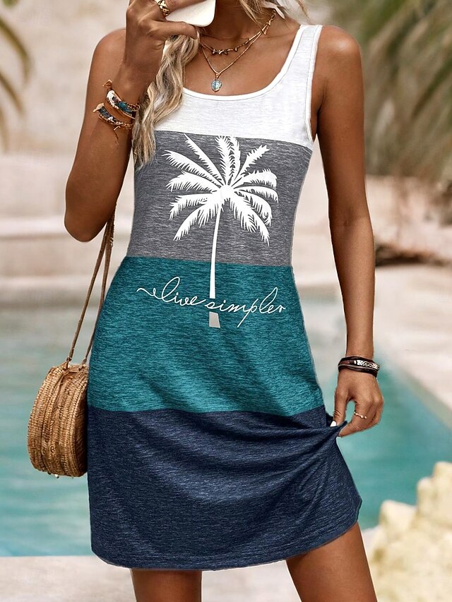 Women's Mini Dress A Line Dress Summer Dress Off The Shoulder Dress Vacation Daily Loose Fit Graphic Letter Tropical Sleeveless U Neck Dark Blue Summer Spring4