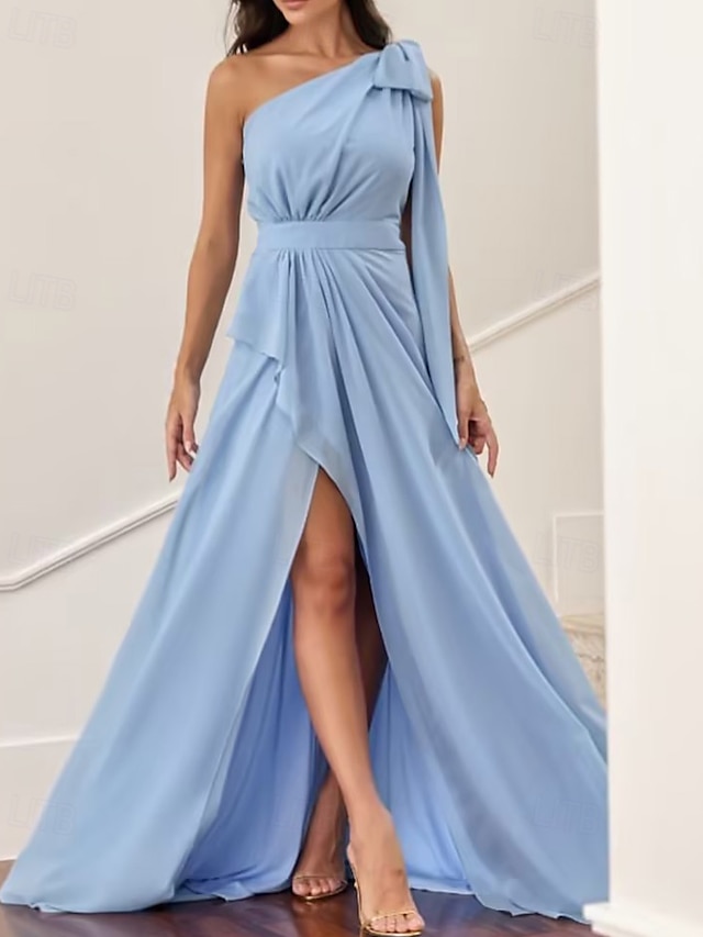  Vestido de mãe da noiva em corte A, elegante, vintage, simples, um ombro, comprimento até o chão, chiffon, sem mangas, com laço(s), cor sólida, fenda 2025