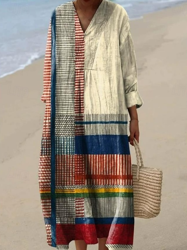  Per donna Abito Midi Vestito Estivo Abito a trapezio Vacanza Casual Boho Uscire Spiaggia Grafico Manica Lunga Scollo a V Giallo Rosso Bianco sporco Cachi Estate Primavera