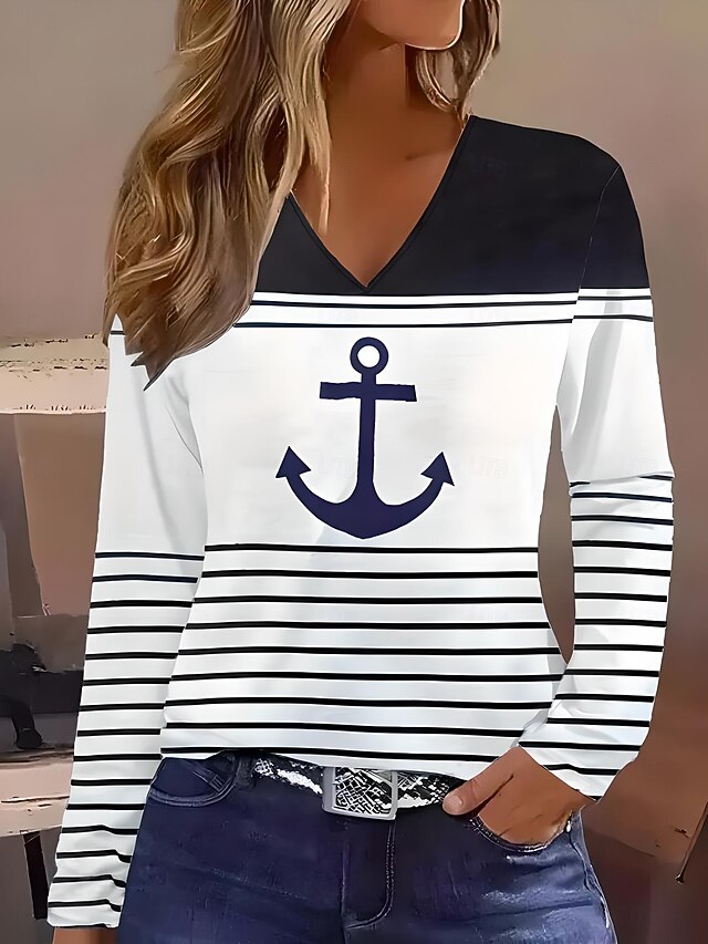 Women's T Shirt V Neck Long Sleeve Tunic Geometric Ocean Elegant Vintage Regular Tops Daily Going out Weekend Print Blue Summer Spring3
