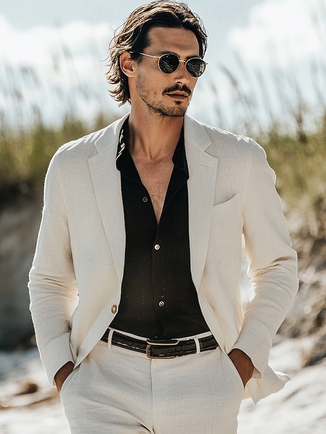  Men's Casual Summer Wedding Linen Suits Sky Blue Sage Daily Lightweight Solid Colored Standard Fit 2 Piece Single Breasted One-button