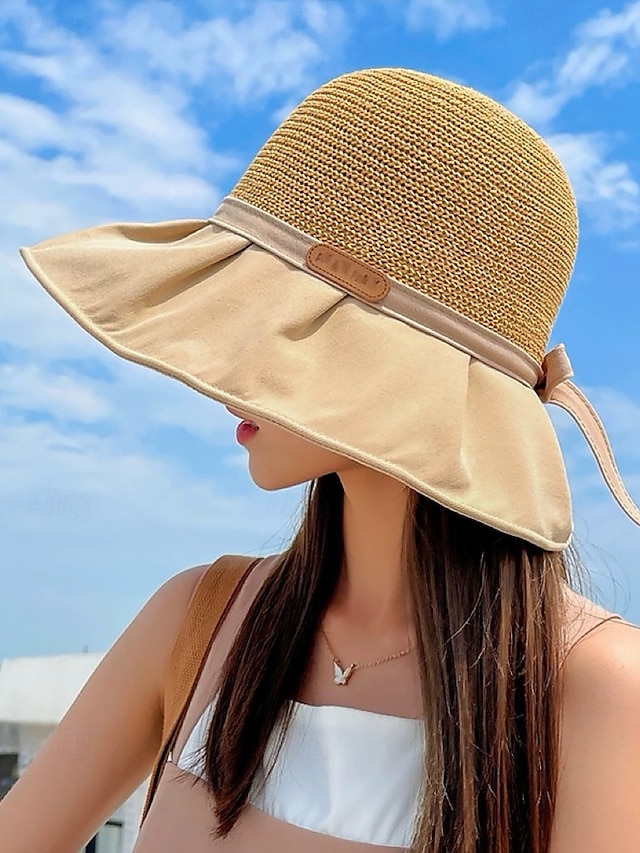  stråsolhat med bred skygge til kvinder - foldbar uv-beskyttelse blød strandhat med sløjfedekoration, elegant sommerhat til ferie, udendørs og rejser