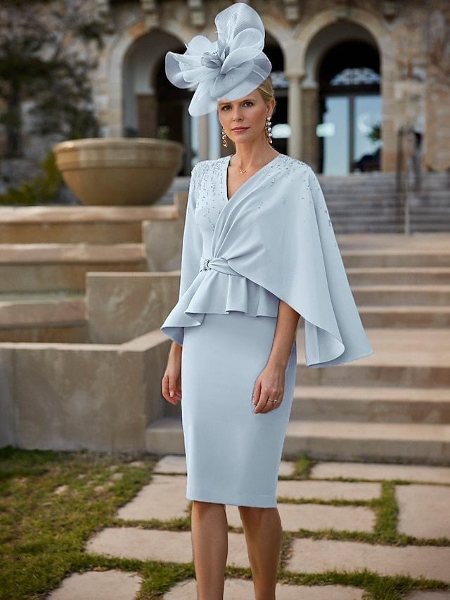  Lavendel Beaded Kolom Moeder van de Bruid Jurk Elegant Vintage V-Hals Theelepel Lengte Rekbare Stof Halve Mouw met Kant Beading Tier