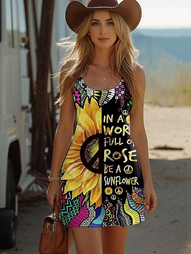  Women's Boho Dress Western Dress Vintage Mini Dress Sundress A Line Dress Summer Dress Vacation Casual Daily Loose Fit Floral Graphic Sleeveless U Neck Black Summer