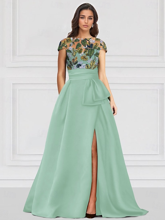  Green Floral Embroidered Leaf A-Line Evening Gown Elegant Dress Formal Wedding Floor Length Half Sleeve Illusion Neck Satin with Slit Appliques 2025