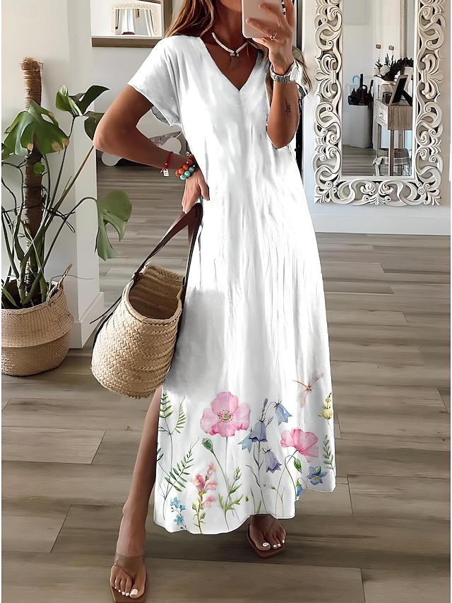  Femmes Robe maxi Robe d'Été Robe trapèze Vacances Occasionnel Chaussures de plage Soirée Sortir Coupe régulière Fleuri Graphique Manche Courte Col en V Rose Claire Blanche Rose Claire Printemps