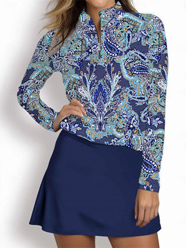 Women's Golf Polo Shirt Lake blue White Pink Long Sleeve Sun Protection Top Paisley Fall Winter Ladies Golf Attire Clothes Outfits Wear Apparel 30