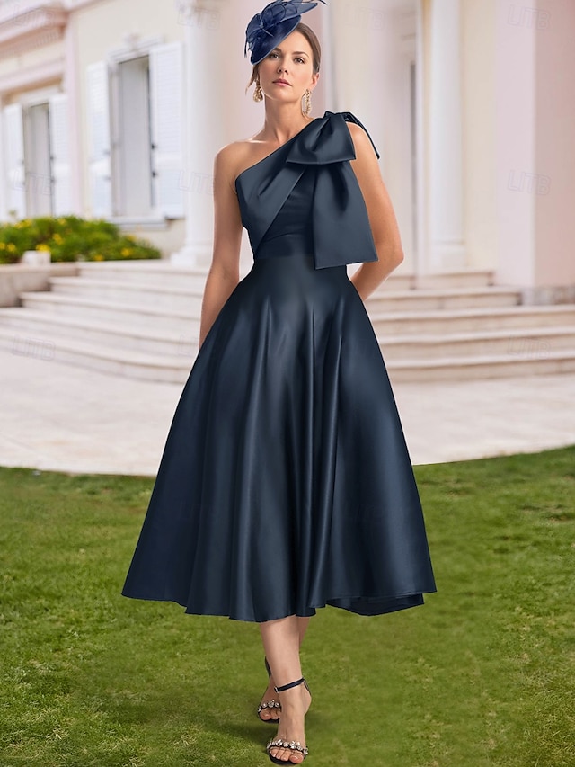  Abito da Sera A-Line Abito Elegante Matrimonio Formale Ospite di Matrimonio Lunghezza Tè Senza Maniche Spalla Unica Raso con Fiocco(e)