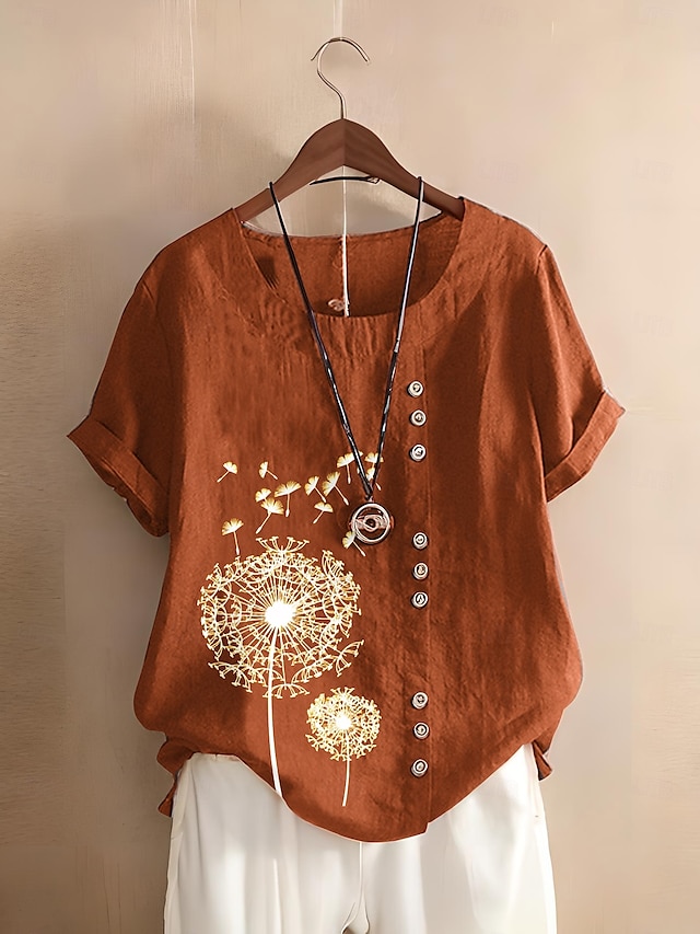  Dames 100% katoenen blouse bloemenprint stijlvol katoen linnen casual korte mouw ronde hals normale tops dagelijks uitgaan knopen print bruin