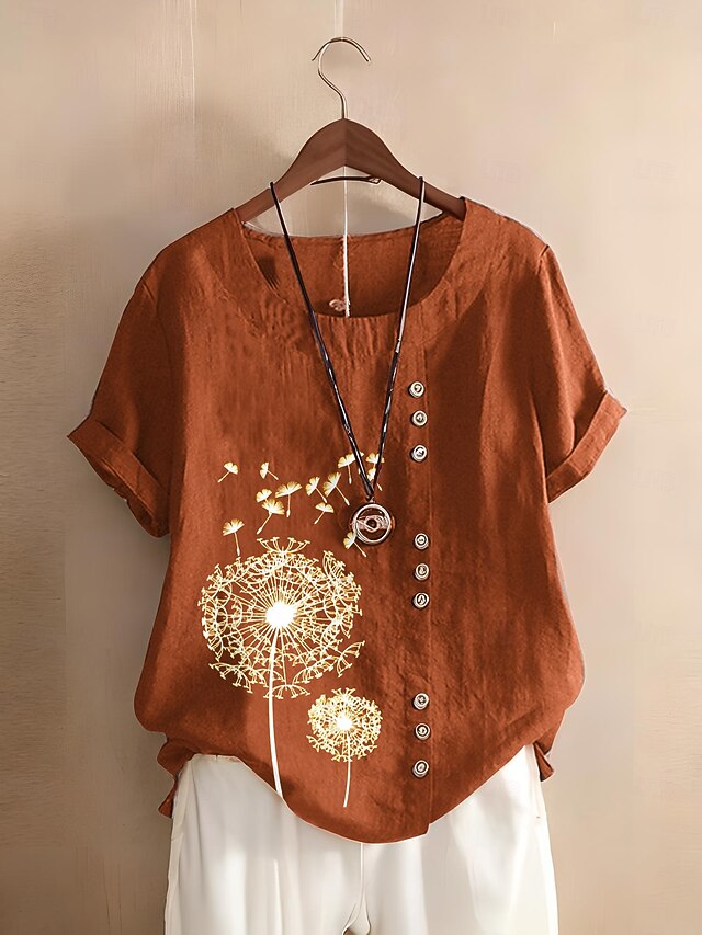 Women's 100% Cotton Blouse Floral Graphic Stylish Cotton Linen Casual Short Sleeve Crew Neck Regular Tops Daily Going out Buttons Print Brown4