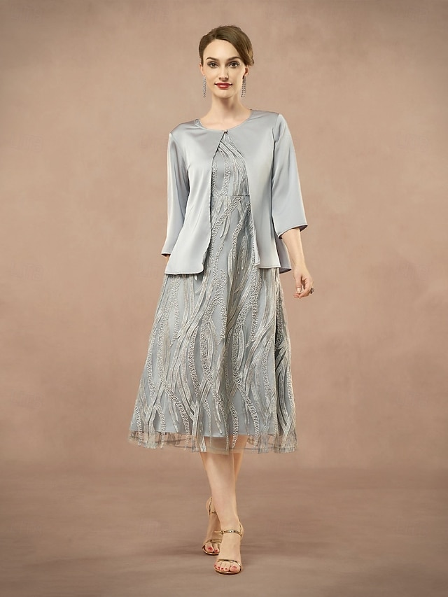  A-Line Mother of the Bride Dress Two Pieces Elegant Jewel Neck Tea Length Lace 3/4 Length Sleeve with Embroidered Lace Applique 2025