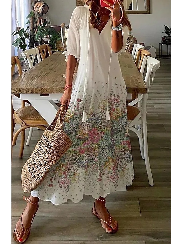  Dámské Dlouhé šaty Maxi šaty Bílé šaty Plátěné šaty Boho šaty Šaty s potiskem Romantické Klasické Elegantní šaty Nahoře nabírané Dovolená Denní Letní šaty Volný Grafika Květiny Poloviční rukáv Do V