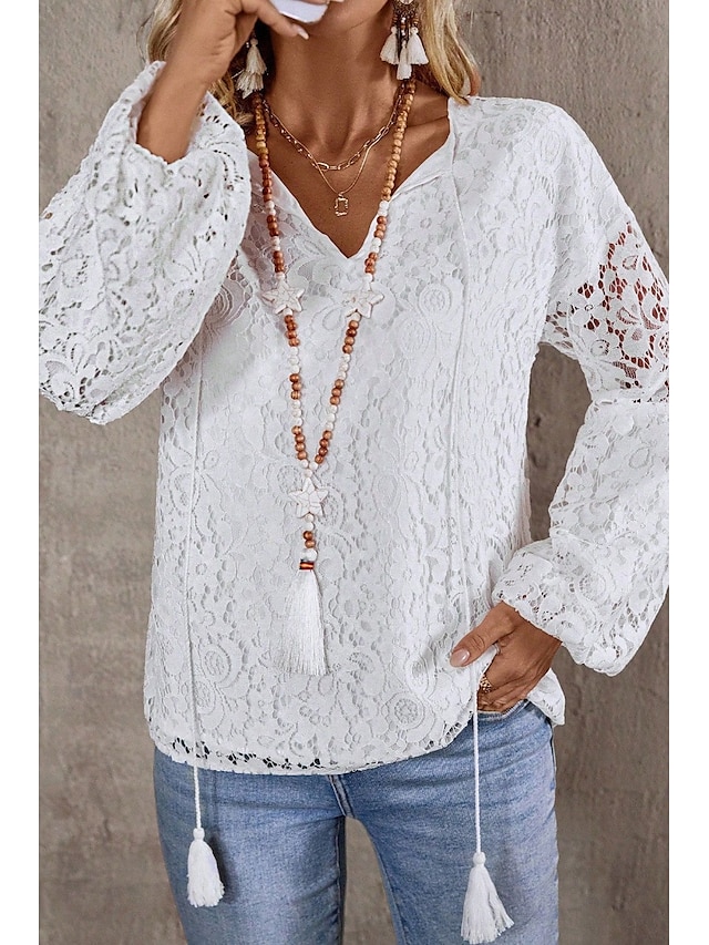  Damen Bluse Spitzentops Glatt Stilvoll Modern Langarm V Ausschnitt Normale Oberteile Täglich Festtage Spitze Weiß Sommer