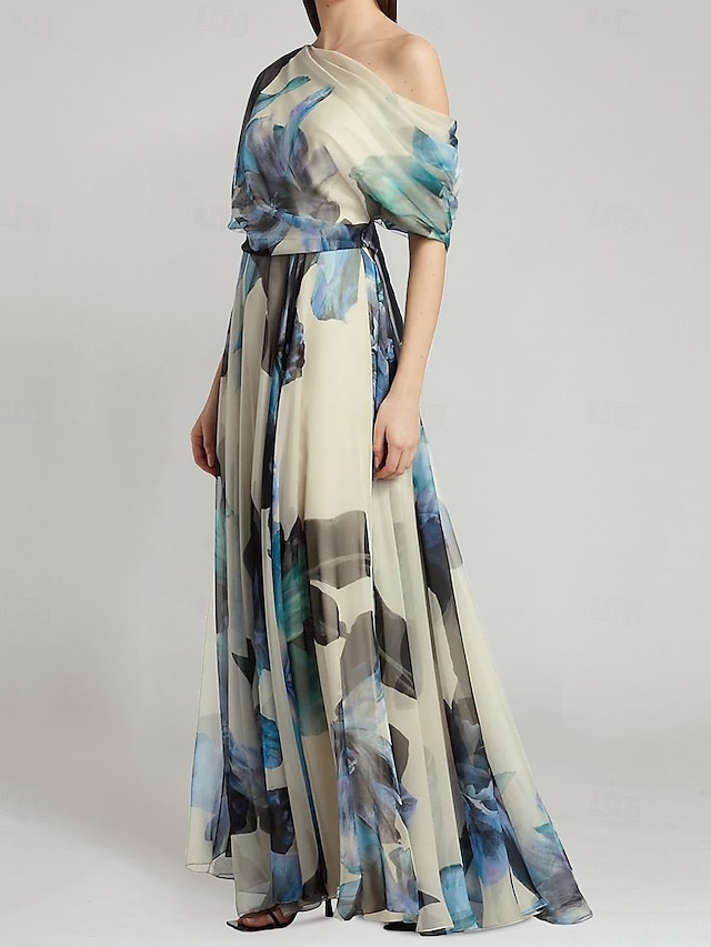  Robe de soirée en A élégante robe formelle de bal longueur au sol sans manches épaule dénudée chiffon avec imprimé floral robe invitée de mariage 2025