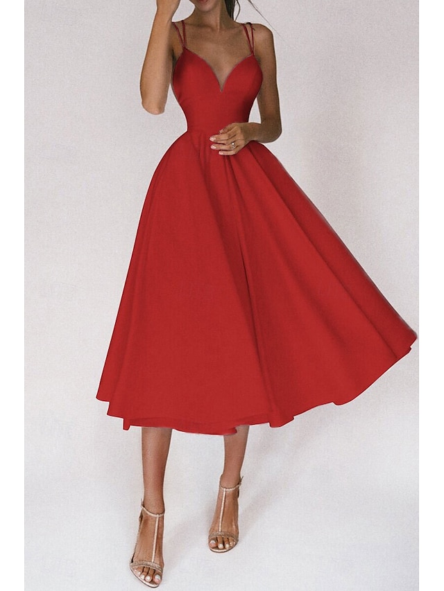 Dames Halflange jurk Witte jurk Afstudeerjurk Slipdress Modieus Verjaardag valmistuminen Uitgaan Normale pasvorm Effen Mouwloos Spaghettibandjes Zwart Wit Rood Groen Zomer