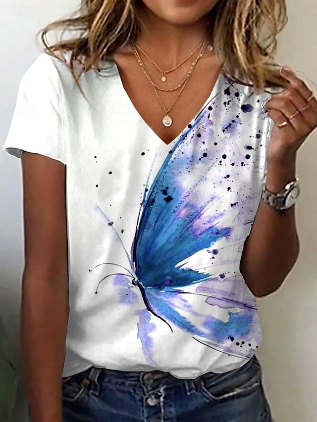  Femmes T-shirt Graphique Papillon Mode Hawaïen Occasionnel manche longue Col en V Hauts Réguliers Quotidien Sortir Week-end Imprimé Bleu Été Printemps