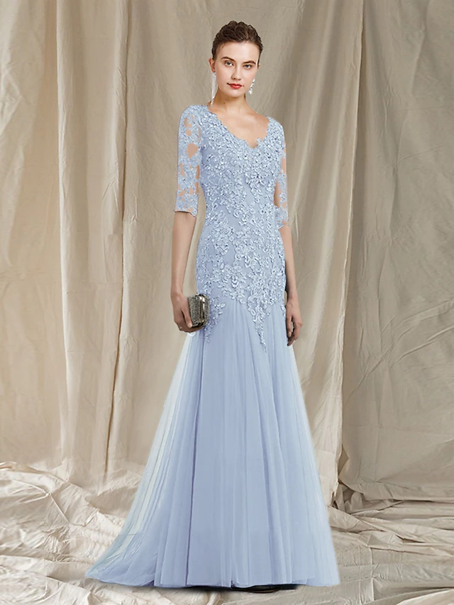 A-Line Mother of the Bride Dress Elegant V Neck Sweep / Brush Train Lace Tulle Half Sleeve No with Ruffles Appliques 11