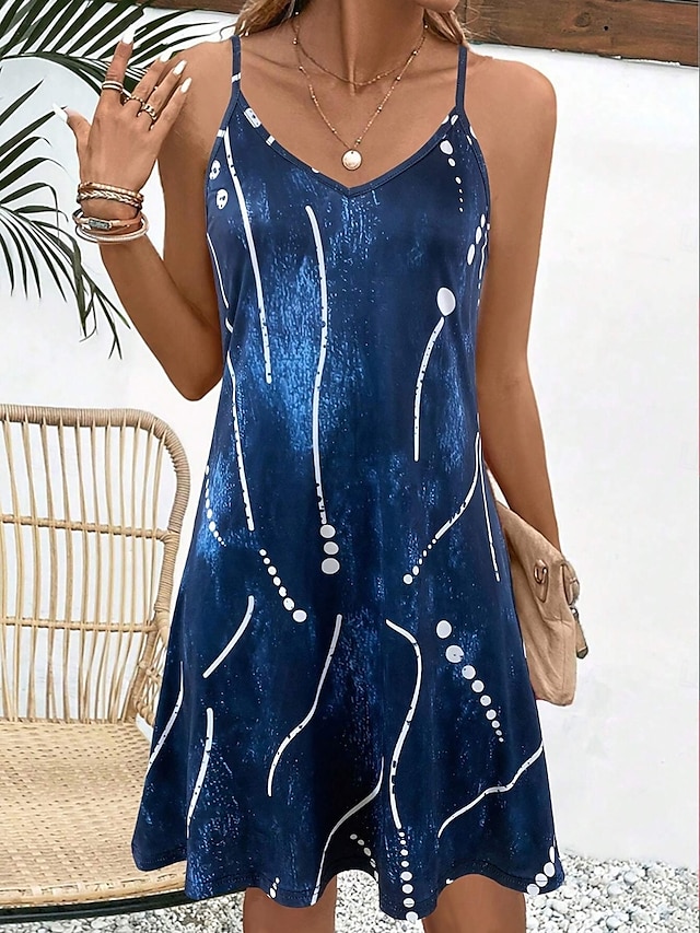  Pentru femei Rochie Mini Rochie A line Rochie Slip Rochie cu umeri Vacanță Casual Vacanță Zilnic Fit regulat Grafic Geometric Fără manșon În V Bleumarin Vară