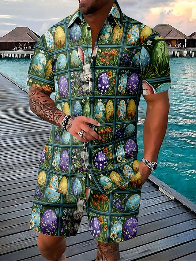  Pasqua Per uomo uova di Pasqua 2 pezzi Set di camicie Set Camicia Top estivi Manica Corta Pantaloni corti Collo ripiegato Casual All'aperto Casuale Stampa 3D Estate Verde