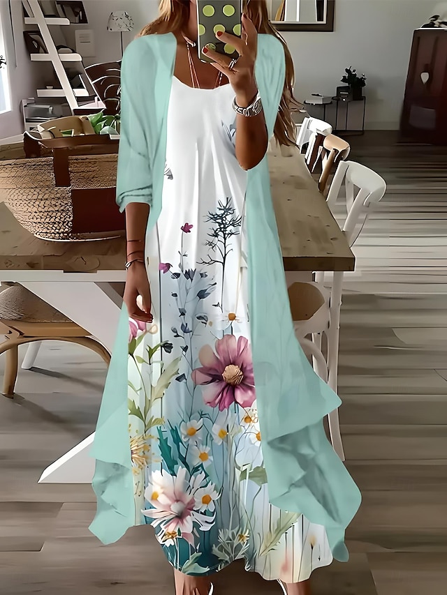  Damen Maxi Kleid 2 Teile Kleid Set Sundress Sommerkleid Slip Kleid Urlaub Formal Boho Urlaub Lockerer Schnitt Grafik Paisley 3/4 Länge Ärmel Träger V-Ausschnitt Hellblau Sommer Frühling