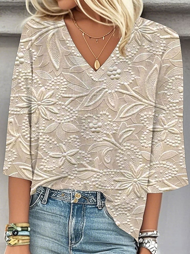  Blouse Femme Imprimé 3D Graphique Floral Stylée Plage Manches Courtes Col V Tops Règuliers Quotidien Imprimé Bleu Vert Beige Printemps Automne