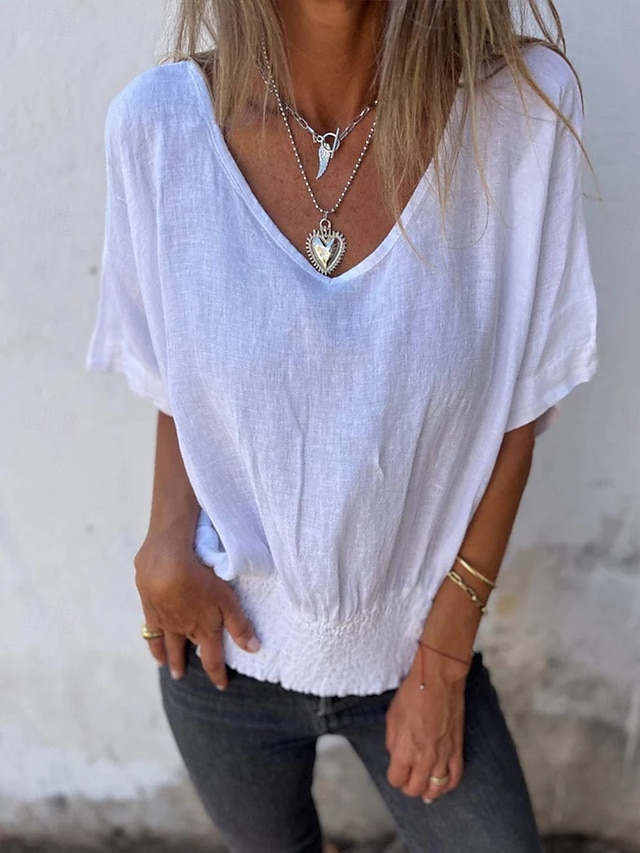  Blouse Femme en Coton Lin Couleur Unie Stylée Décontractée Manches Courtes Col en V Tops Quotidiens Patchwork Noir Blanc Marron Clair Abricot Été Printemps