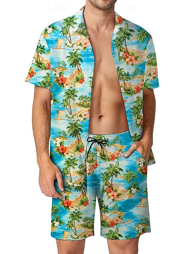  Bărbați Plante Cranii 2 buc Seturi de camasi Cămașă hawaiană Manșon scurt Pantaloni scurti Răsfrânt Vacanță Casual În aer liber Casă Casual Imprimare 3D Vară Albastru ou de Măcăleandru Negru Ametist