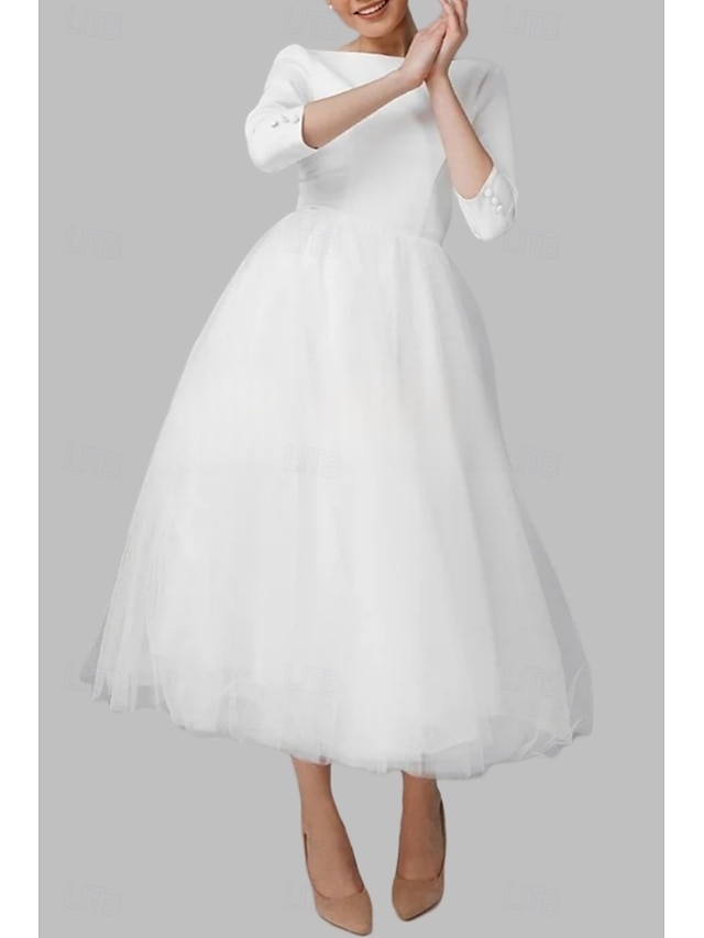  Engagement Little White Dress Bridal Shower Dresses Wedding Dresses A-Line Boat Neck 3/4 Length Sleeve Ankle Length Satin Bridal Gowns With Pleats 2025