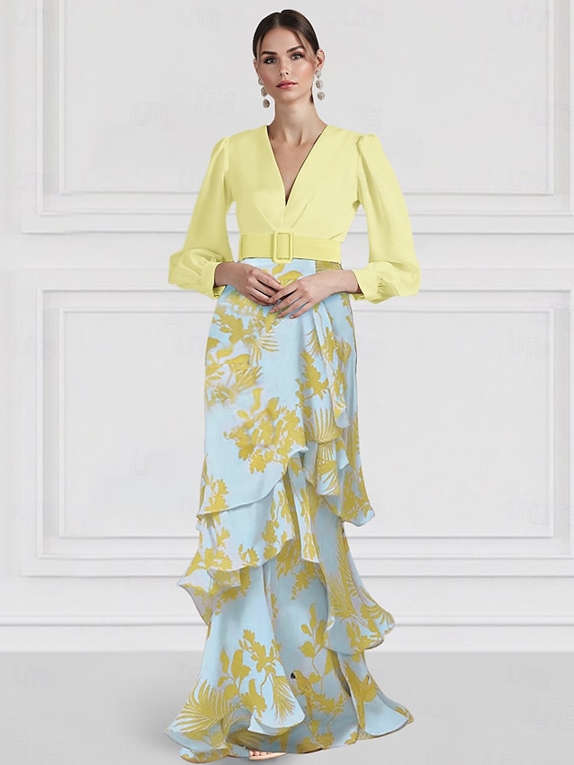  A-Linie Abendkleid Elegantes Kleid Formelle Hochzeit Bodenlänge Langarm V-Ausschnitt Chiffon mit Floral Print Hochzeitsgastkleid