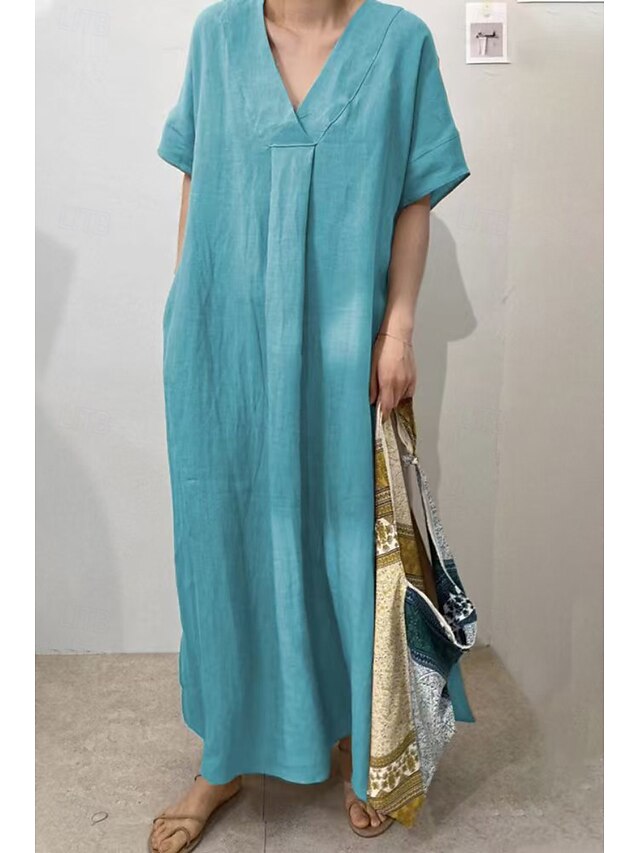 Femmes Robe Midi Robes inspirées du lin Robe en coton et lin Mode Classique Moderne Quotidien Fête Week-end Coupe régulière Uni Manche Courte Col en V Rouge Chameau Violet Vert Été