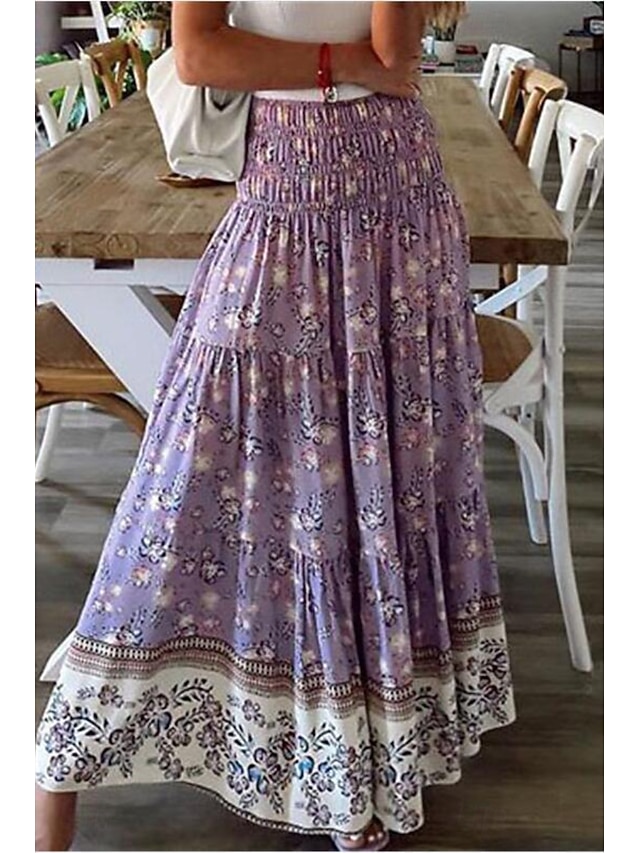  Pentru femei Fustă Leagăn Casual Boho Maxi Talie Medie Fuste Floral Imprimeu Micro-elastic Vacanță Stradă Măr Verde Violet Negru Migdală Vară Poliester