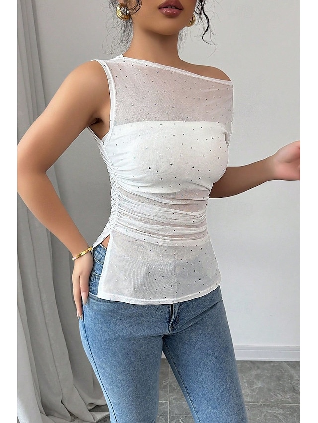  Pentru femei Bluză Simplu Modern Casual Fără manșon Stil Nautic Topuri obișnuite Zilnic Concediu Paiete Peteci Alb Vară