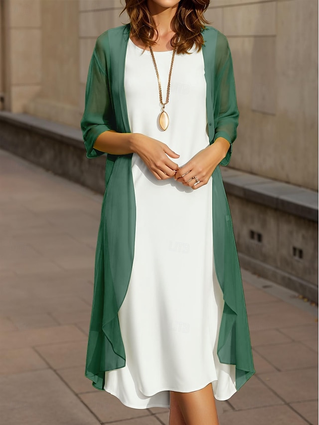  Damen Abschlusskleid Midi Kleid Einfarbig 2-teiliges Kleid A-Linie Kleid Sommerkleid Lässig Schlicht Falten Midi Kleid Halblange Ärmel Rundhals Urlaub Täglich Wein Königsblau Helllila Frühling Herbst