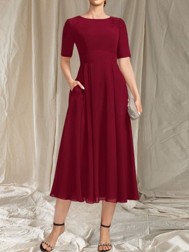 Simple A Line Boat Neck Long Sleeve Chiffon Ruched Tea-Length Mother of the Bride Dress