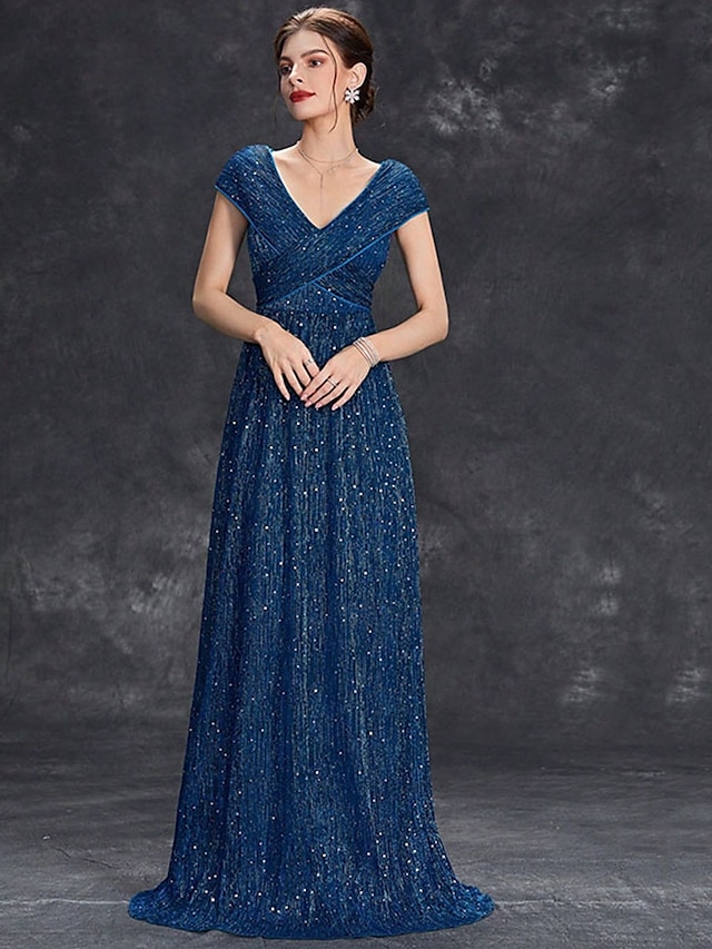 Kleid Brautmutterkleid Elegant Party V Ausschnitt Bodenlang Chiffon Polyester Kurzarm mit Paillette 2025