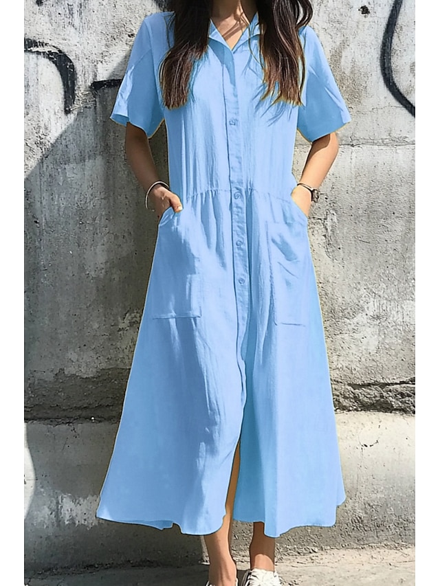  Femmes Robe Midi Robes inspirées du lin Robe en coton et lin Mode Classique Vacances Sortir Week-end Coupe régulière Uni Manche Courte Col de chemise Rose Claire Jaune Vert Bleu clair Été